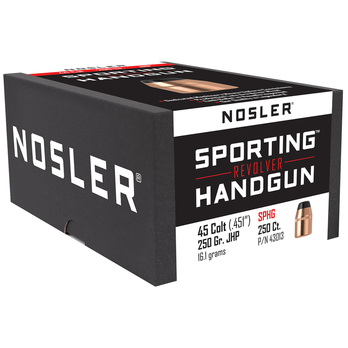 Nosler 43013 Sporting Handgun 45 Colt .451 250 gr Jacketed Hollow Point/ 100 Per Box Nosler 43013 Sporting Handgun 45 Colt .451 250 gr Jacketed Hollow Point/ 100 Per Box
