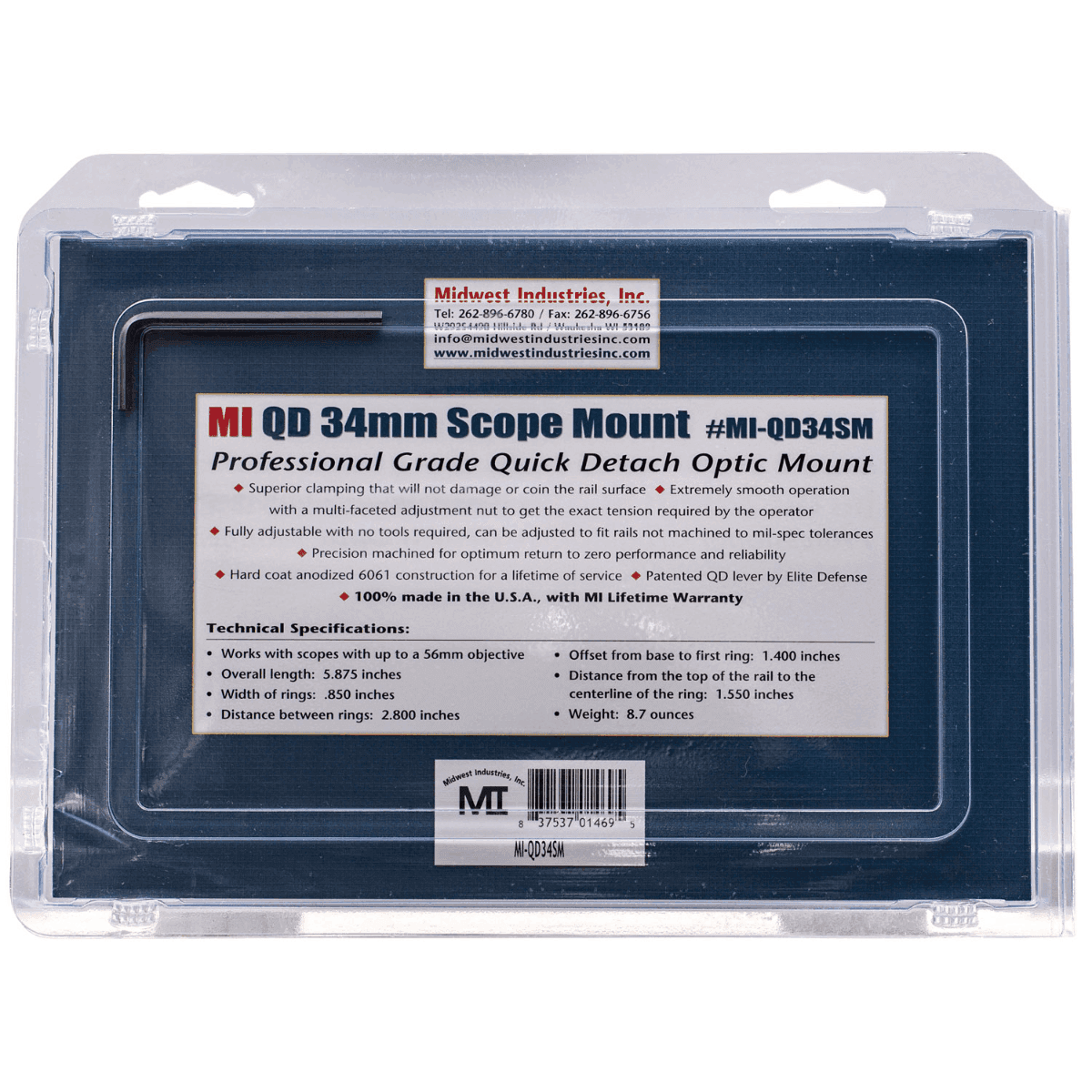 Midwest Industries 34mm Quick Detach Scope Mount and Ring Combo in Black Hardcoat Anodized - 110706 Midwest Industries 34mm Quick Detach Scope Mount and Ring Combo in Black Hardcoat Anodized - 110706