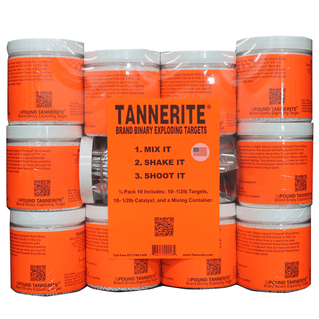 Tannerite 12PK10 1/2 Pound Target Impact Enhancement Explosion White Vapor Centerfire Rifle Firearm 0.50 lb Includes Catalyst/Mixing Container 10 Targets Tannerite 12PK10 1/2 Pound Target Impact Enhancement Explosion White Vapor Centerfire Rifle Firearm 0.50 lb Includes Catalyst/Mixing Container 10 Targets