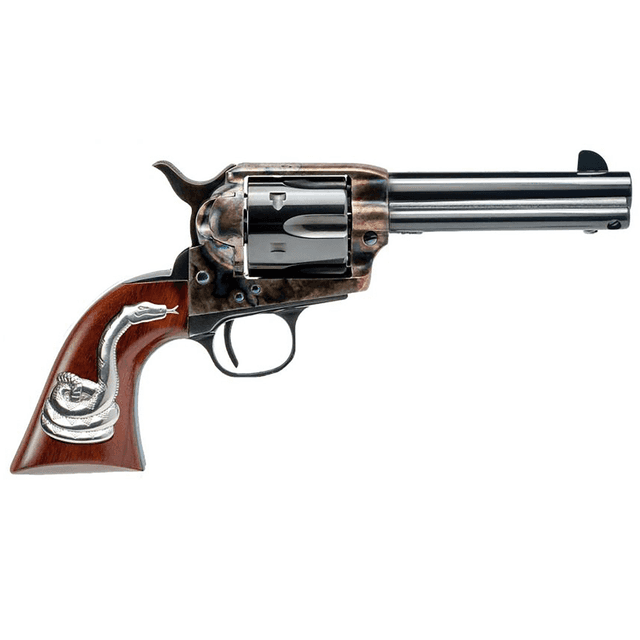 Cimarron MP410SSI01 Man With No Name .45 Colt: 4.75" blued barrel, blued cylinder, case hardened frame, walnut grip with sterling silver rattlesnake, exposed hammer. Cimarron MP410SSI01 Man With No Name .45 Colt: 4.75" blued barrel, blued cylinder, case hardened frame, walnut grip with sterling silver rattlesnake, exposed hammer.