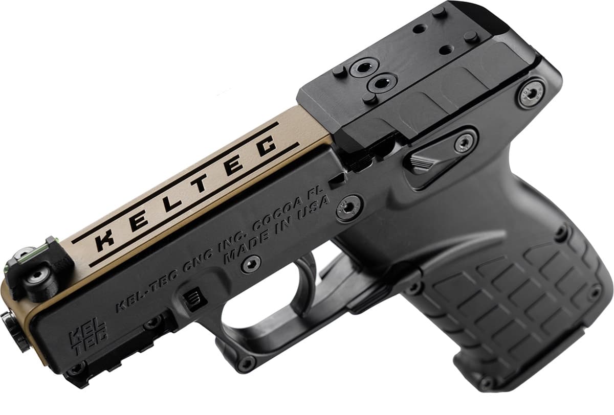 Kel-Tec P17 Sports South Exclusive 22 LR 16+1 3.80" Black Threaded Barrel, Exclusive Tan Optic Ready/Serrated Slide, Black Polymer Frame w/Picatinny Rail, Black Polymer Grip - P17BBLKORTANS Kel-Tec P17 Sports South Exclusive 22 LR 16+1 3.80" Black Threaded Barrel, Exclusive Tan Optic Ready/Serrated Slide, Black Polymer Frame w/Picatinny Rail, Black Polymer Grip - P17BBLKORTANS