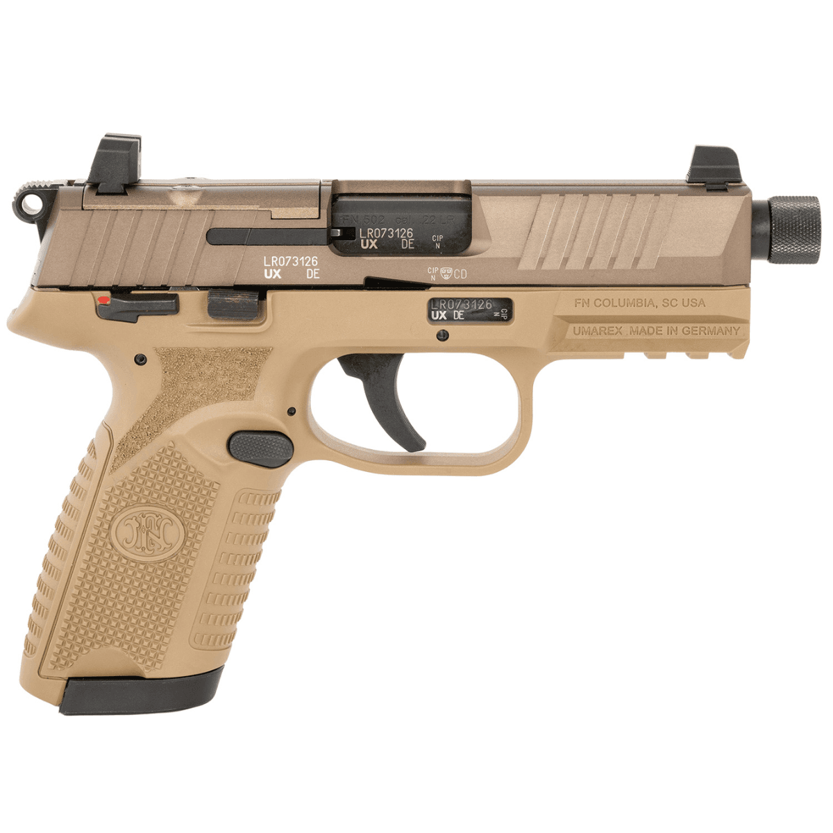 FN 502 Tactical .22 LR Pistol with 4.60" Threaded Barrel, Flat Dark Earth Frame - 66101681 FN 502 Tactical .22 LR Pistol with 4.60" Threaded Barrel, Flat Dark Earth Frame - 66101681