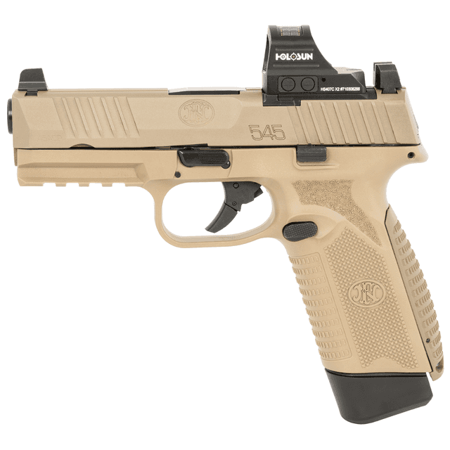 FN 545 MRD .45 ACP Pistol with 4.10" Black Hammer Forged Barrel, Flat Dark Earth Optic Cut Slide, Holosun 407C Red Dot - 66101919 FN 545 MRD .45 ACP Pistol with 4.10" Black Hammer Forged Barrel, Flat Dark Earth Optic Cut Slide, Holosun 407C Red Dot - 66101919