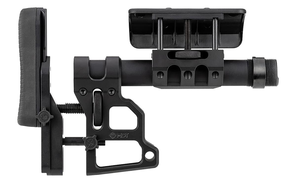 Mdt Sporting Goods Inc Skeleton Carbine Stock (SCS) Black Aluminum, Adj. Cheekrest/Buttpad, Buffer Tube, QD Sling Mounts - 102856BLK Mdt Sporting Goods Inc Skeleton Carbine Stock (SCS) Black Aluminum, Adj. Cheekrest/Buttpad, Buffer Tube, QD Sling Mounts - 102856BLK