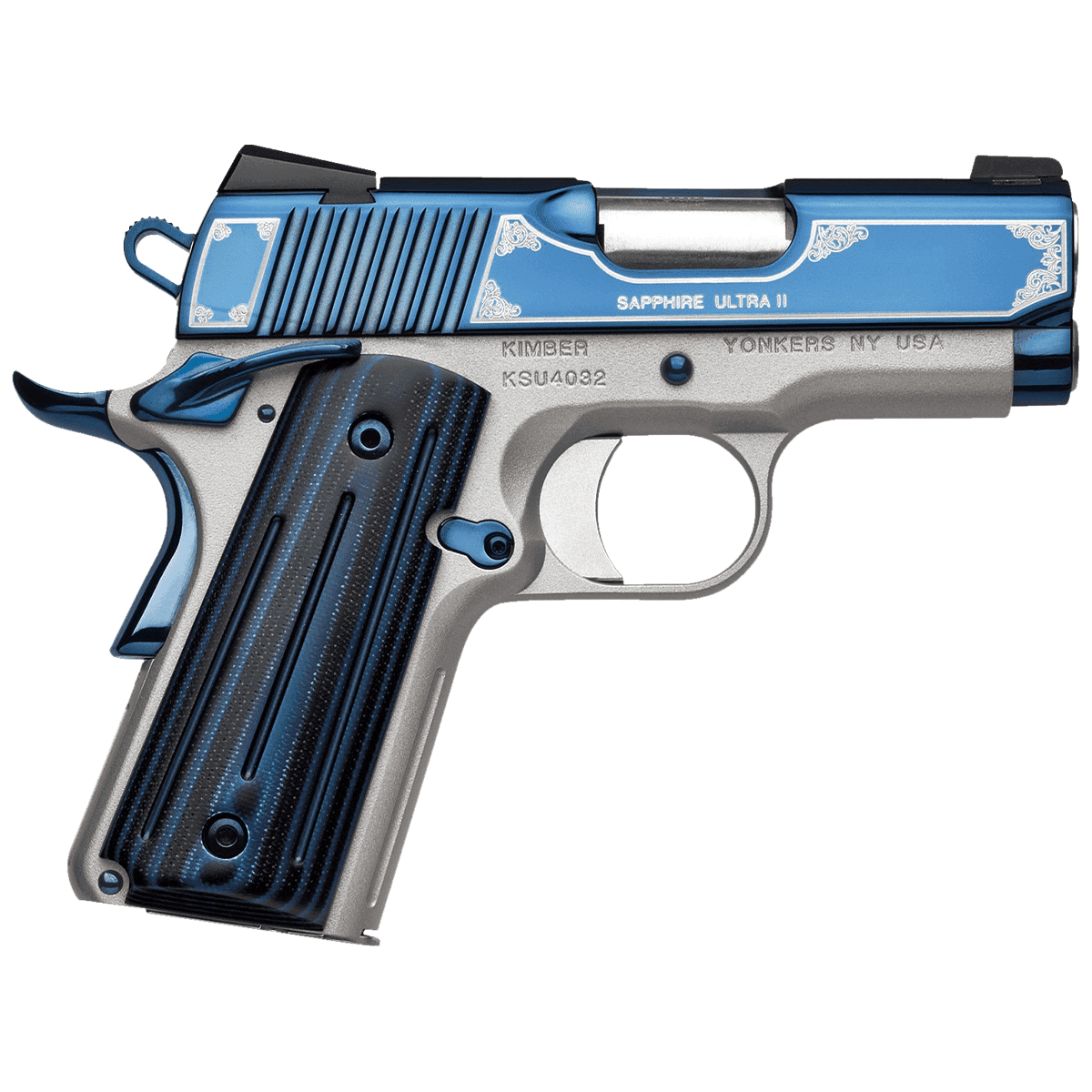 Kimber 3200273 Sapphire Ultra II 9mm 8+1 3" Bright Blue PVD Coating Stainless Steel Slide Satin Silver G10 Grip Kimber 3200273 Sapphire Ultra II 9mm 8+1 3" Bright Blue PVD Coating Stainless Steel Slide Satin Silver G10 Grip