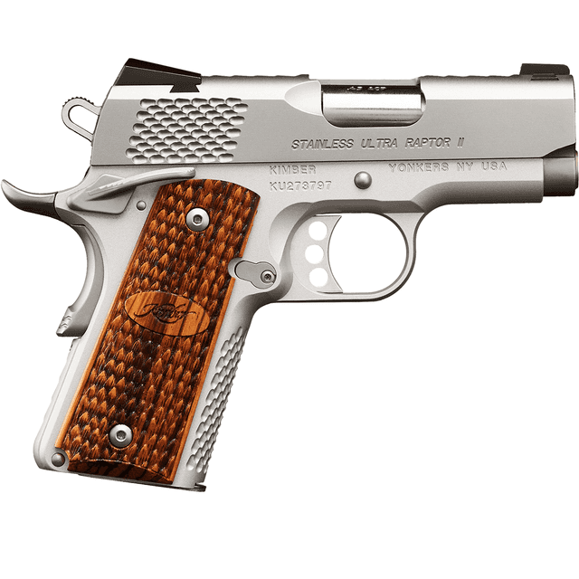 Kimber 3200374 Stainless Ultra Raptor II 9mm 8+1 3" Back Cut Serrations Stainless Steel Slide Satin Silver Round Heel Zebrawood w/ Scale Pattern and Kimber Logo Grip Kimber 3200374 Stainless Ultra Raptor II 9mm 8+1 3" Back Cut Serrations Stainless Steel Slide Satin Silver Round Heel Zebrawood w/ Scale Pattern and Kimber Logo Grip