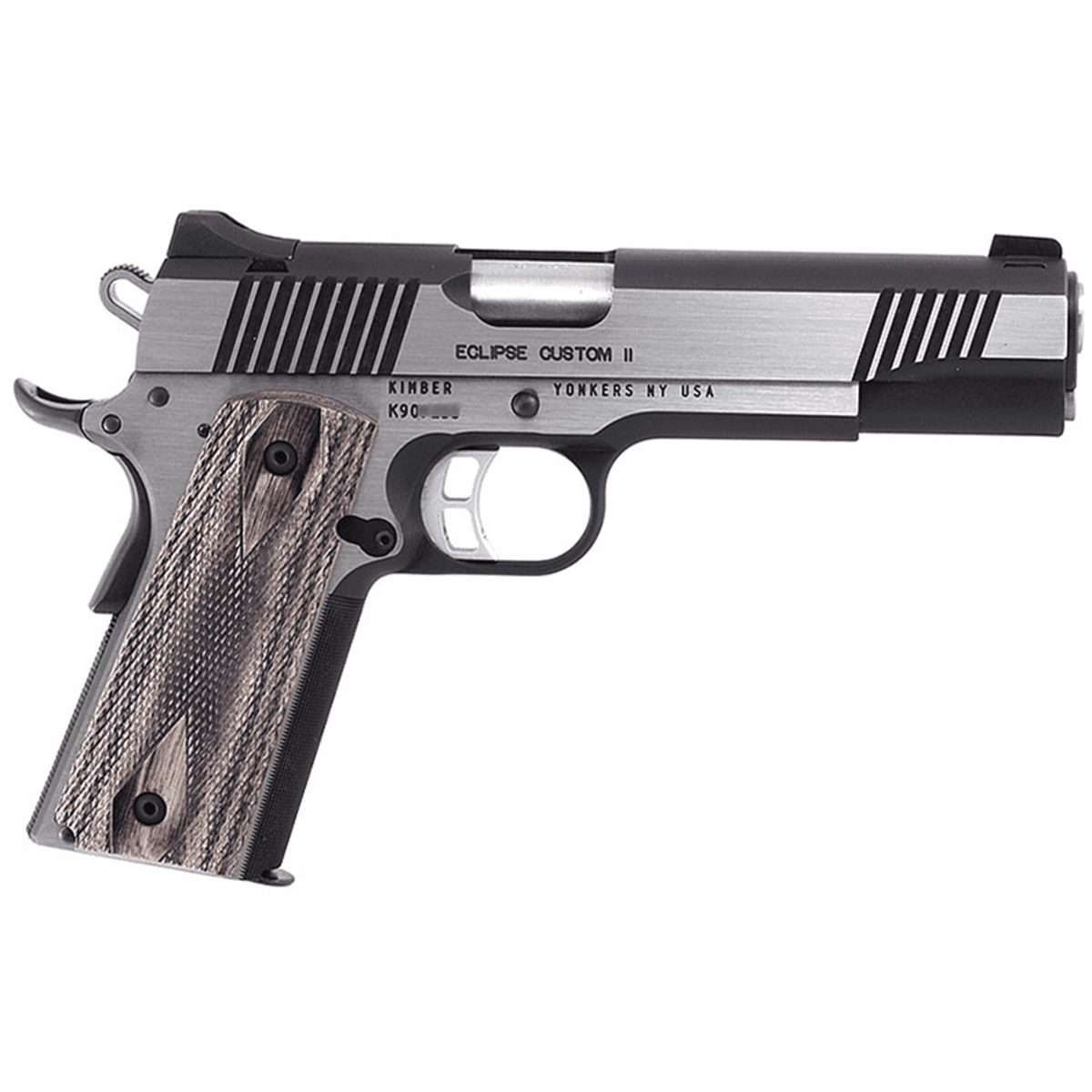 Kimber 3200034CA Eclipse Custom II (CA) 45 ACP 8+1 5" Front Serrations Stainless Steel Slide Brush Polished Front Strap Checkering Laminated Gray/Black Double Diamond Grip Kimber 3200034CA Eclipse Custom II (CA) 45 ACP 8+1 5" Front Serrations Stainless Steel Slide Brush Polished Front Strap Checkering Laminated Gray/Black Double Diamond Grip