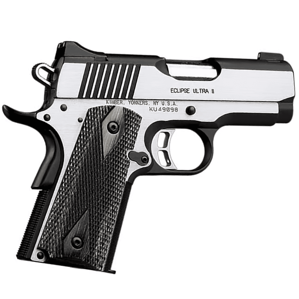 Kimber 3200042CA Eclipse Ultra II (CA) 45 ACP 7+1 3" Stainless Steel Slide Brush Polished Front Strap Checkering Laminated Gray/Black Double Diamond Grip Kimber 3200042CA Eclipse Ultra II (CA) 45 ACP 7+1 3" Stainless Steel Slide Brush Polished Front Strap Checkering Laminated Gray/Black Double Diamond Grip