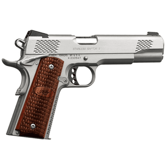 Kimber 3200181 Stainless Raptor II 45ACP 8+1 5" Front Serrations Stainless Steel Slide Satin Silver w/ Brush Polished Flats Zebrawood w/ Scale Pattern and Kimber Logo Grip Kimber 3200181 Stainless Raptor II 45ACP 8+1 5" Front Serrations Stainless Steel Slide Satin Silver w/ Brush Polished Flats Zebrawood w/ Scale Pattern and Kimber Logo Grip