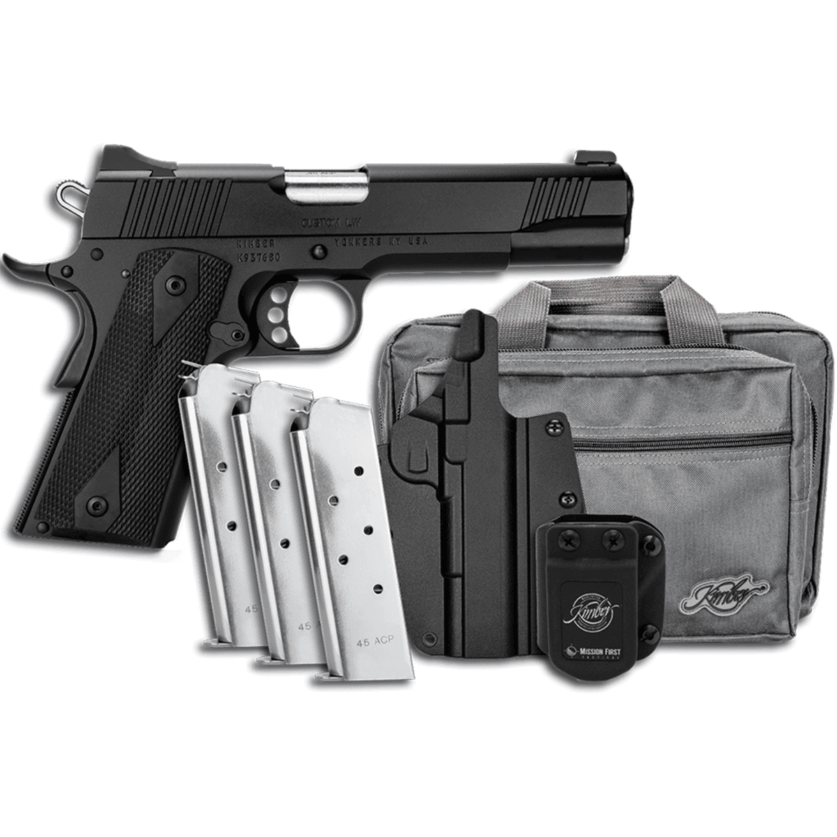 Kimber 3700812 Custom LW Club Bundle 45ACP 7+1 5" Front Serrations Stainless Slide KimPro Black F/S Rubber Grip Kimber 3700812 Custom LW Club Bundle 45ACP 7+1 5" Front Serrations Stainless Slide KimPro Black F/S Rubber Grip
