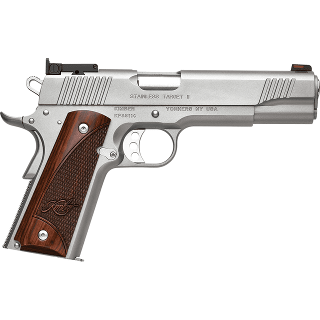 Kimber 3200326 Stainless Target II 9mm 9+1 5" Front Serrations Stainless Steel Slide Satin Silver Rosewood w/ Kimber logo Grip Kimber 3200326 Stainless Target II 9mm 9+1 5" Front Serrations Stainless Steel Slide Satin Silver Rosewood w/ Kimber logo Grip