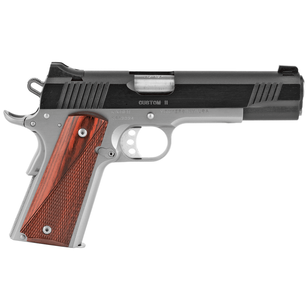 Kimber 3200301 Custom II Two-Tone 45 ACP 7+1 5" Front Serrations Steel Slide Brush Polished Smooth/Checkered Rosewood Grip Kimber 3200301 Custom II Two-Tone 45 ACP 7+1 5" Front Serrations Steel Slide Brush Polished Smooth/Checkered Rosewood Grip
