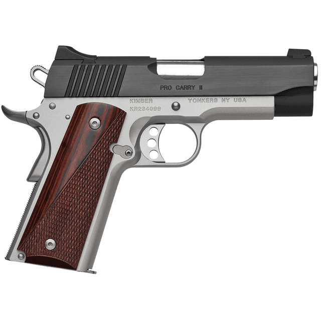 Kimber 3200320 Pro Carry II Two-Tone 45 ACP 7+1 4" Matte black Brush-Polished Stainless Steel Slide Satin Silver Smooth/Checkered Rosewood Grip Kimber 3200320 Pro Carry II Two-Tone 45 ACP 7+1 4" Matte black Brush-Polished Stainless Steel Slide Satin Silver Smooth/Checkered Rosewood Grip