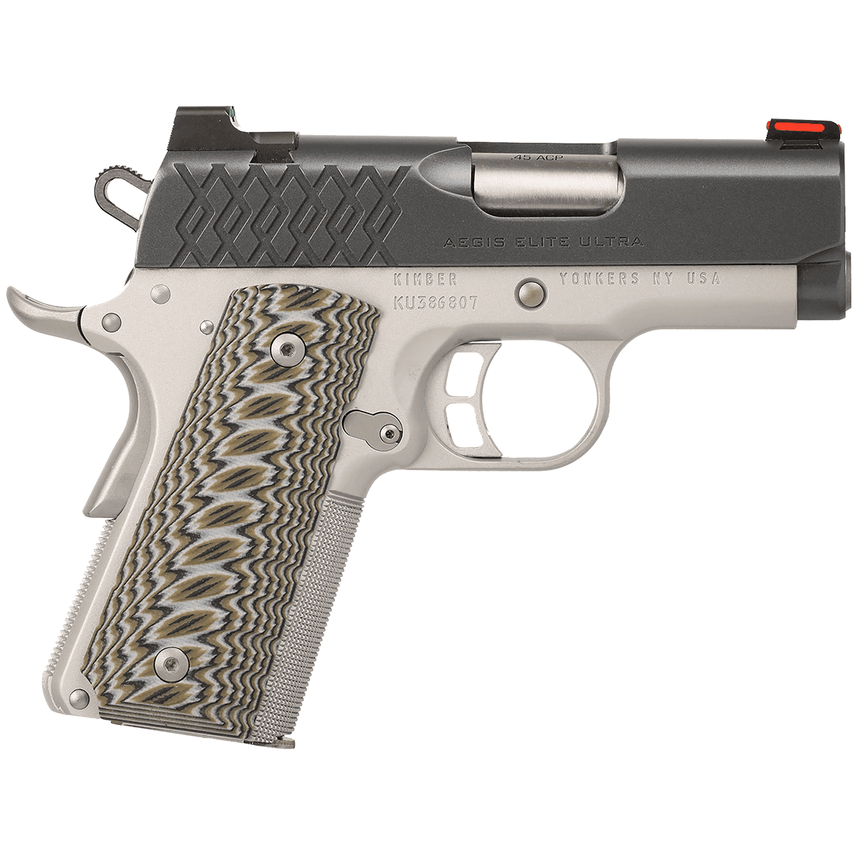 Kimber 3000356 Aegis Elite Ultra 45 ACP 7+1 3" Ramped Barrel Matte Black KimPro II Fixed Fiber Optic Front Stainless Steel Slide Satin Silver Round Heel G10 Grip Kimber 3000356 Aegis Elite Ultra 45 ACP 7+1 3" Ramped Barrel Matte Black KimPro II Fixed Fiber Optic Front Stainless Steel Slide Satin Silver Round Heel G10 Grip