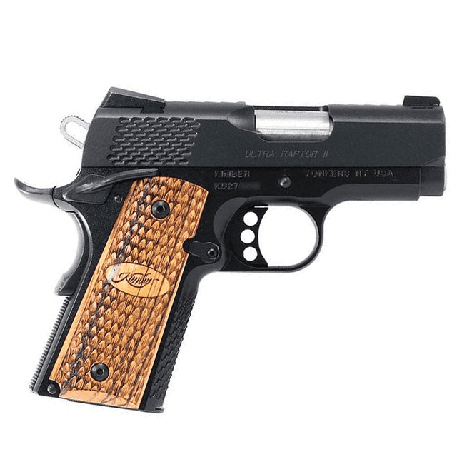Kimber 3200150CA Ultra Raptor II (CA) 45 ACP 7+1 3" Matte Black Steel Slide Zebra Wood, Scale Pattern Kimber Logo Grip Kimber 3200150CA Ultra Raptor II (CA) 45 ACP 7+1 3" Matte Black Steel Slide Zebra Wood, Scale Pattern Kimber Logo Grip