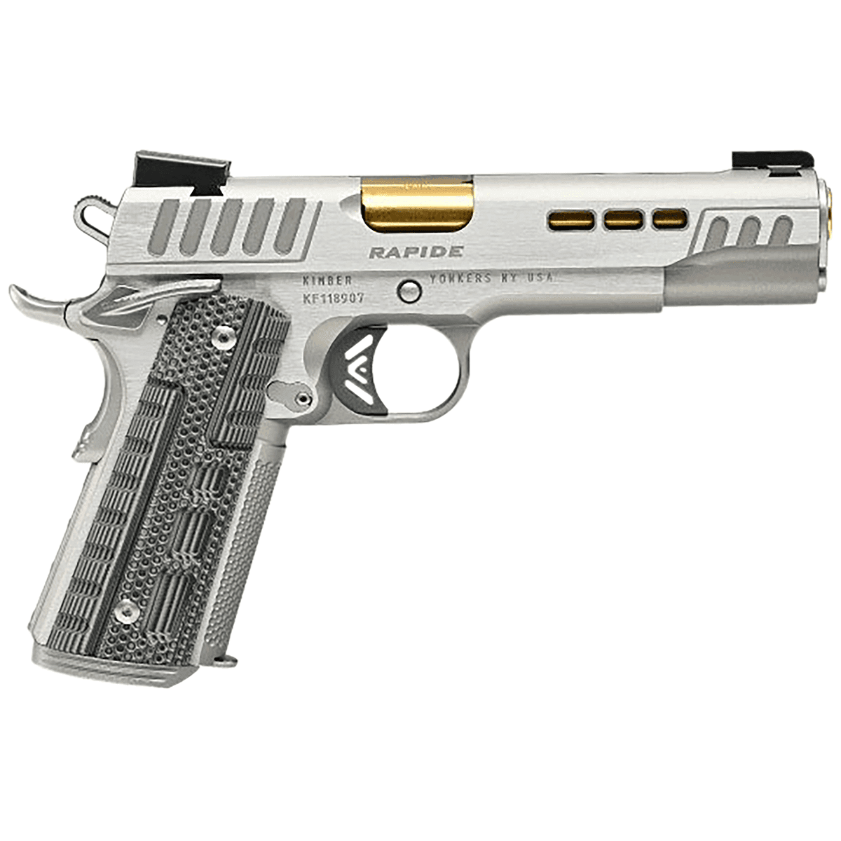Kimber 3000423CA Raptor Dawn (CA) (MA) 45 ACP 8+1 5" KimPro Silver Front and Rear Serrations Stainless Steel Slide Gray/black Rapide G10 Grip Kimber 3000423CA Raptor Dawn (CA) (MA) 45 ACP 8+1 5" KimPro Silver Front and Rear Serrations Stainless Steel Slide Gray/black Rapide G10 Grip