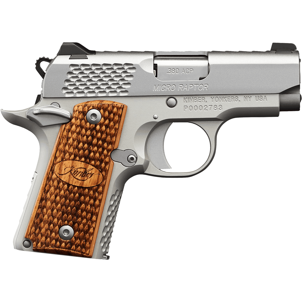 Kimber 3300084 Micro Raptor Stainless 380 ACP 7+1 2.75" KimPro Silver Zebrawood with Scale Pattern and Kimber logo Grip Kimber 3300084 Micro Raptor Stainless 380 ACP 7+1 2.75" KimPro Silver Zebrawood with Scale Pattern and Kimber logo Grip