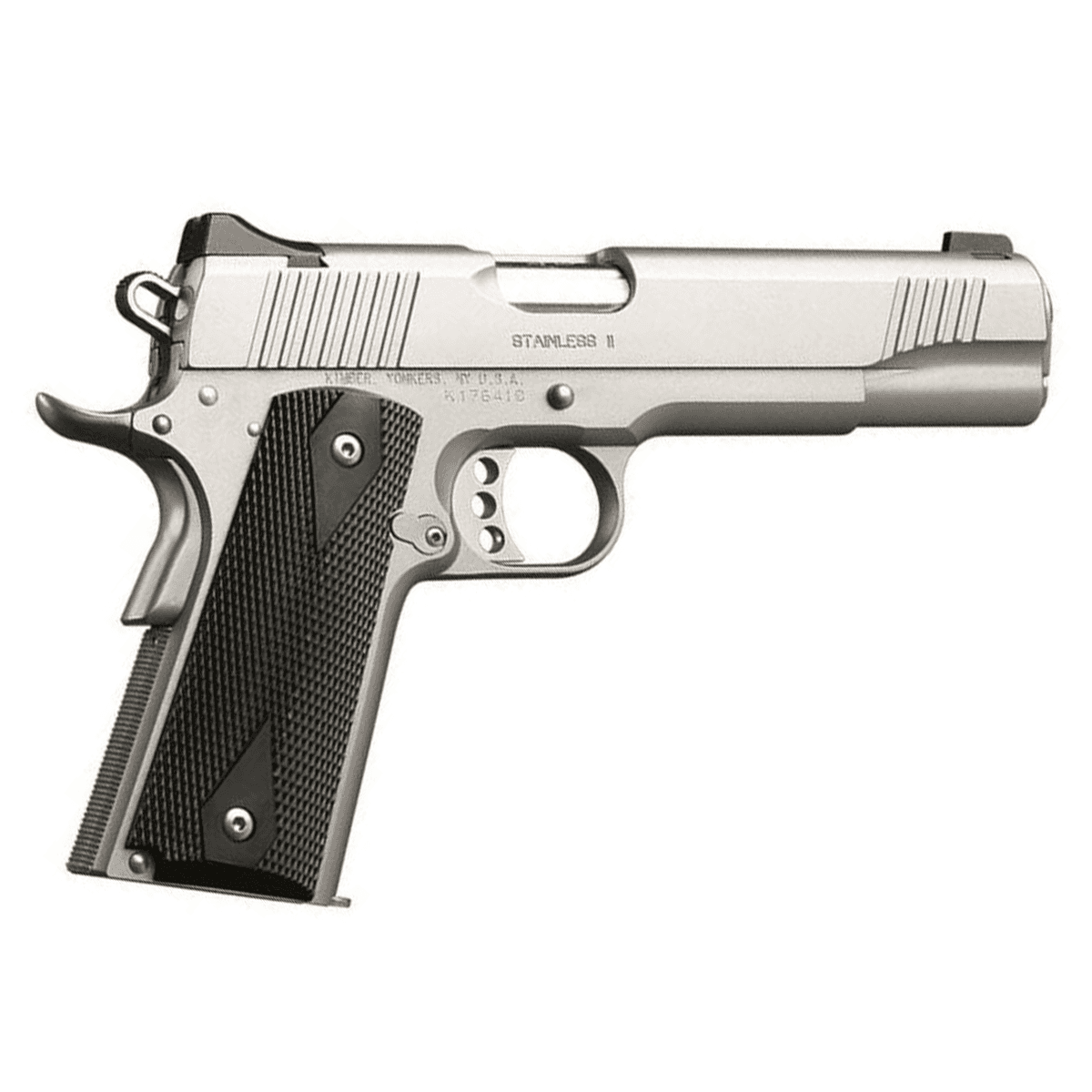 Kimber 3200007CAB Stainless II (CA) 45 ACP 7+1 5" Front Serrations Stainless Steel Slide Satin Silver Black Synthetic Double Diamond Checkering Grip Kimber 3200007CAB Stainless II (CA) 45 ACP 7+1 5" Front Serrations Stainless Steel Slide Satin Silver Black Synthetic Double Diamond Checkering Grip