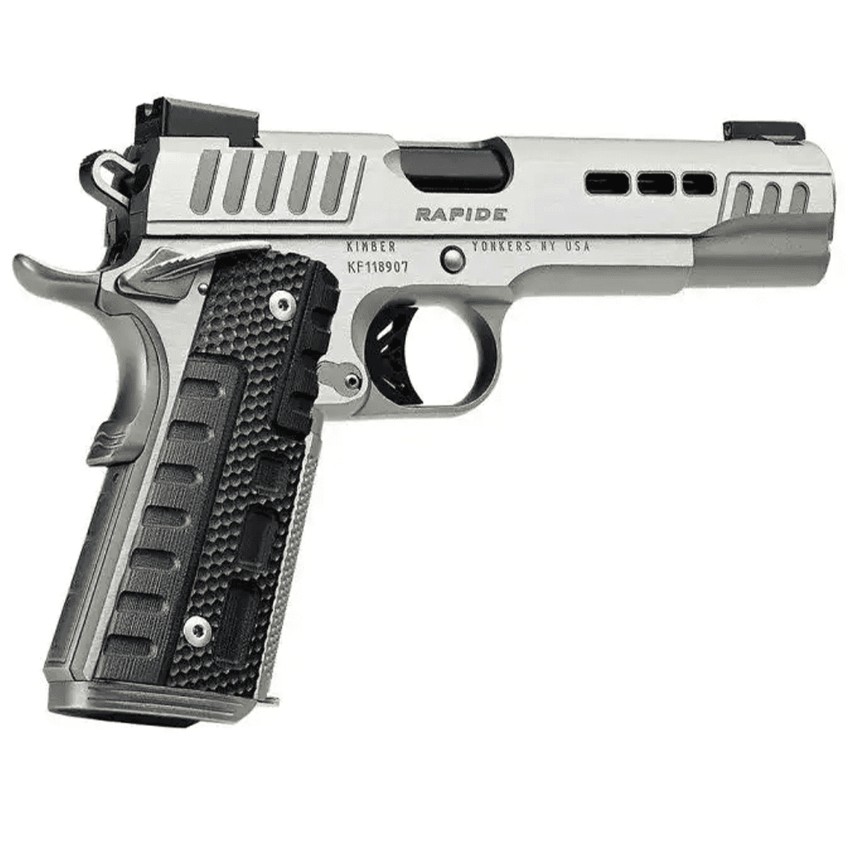Kimber 3000429 Rapide Frost 10mm 8+1 5" Silver/KimPro II w/ Brush Polished Flats Front Serrations Stainless Steel Slide G10 Grip Kimber 3000429 Rapide Frost 10mm 8+1 5" Silver/KimPro II w/ Brush Polished Flats Front Serrations Stainless Steel Slide G10 Grip