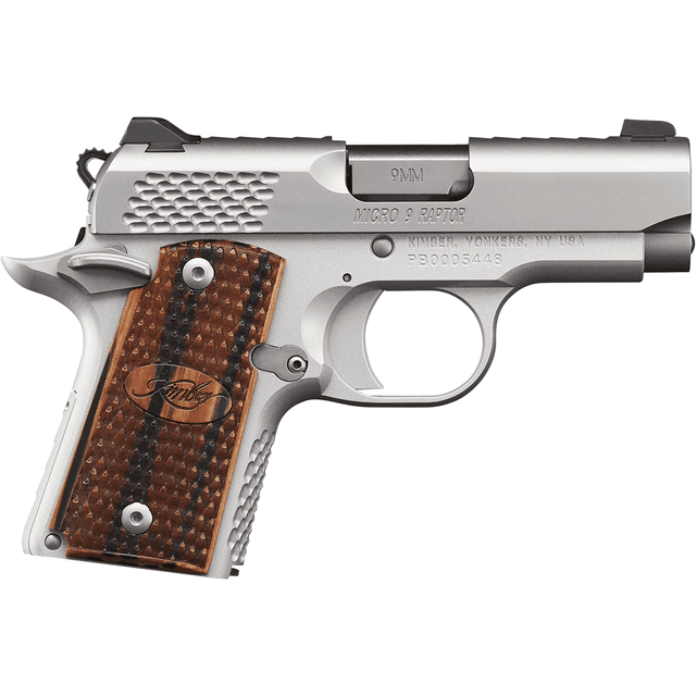 Kimber 3300109 Micro 9 Stainless Raptor 9mm 6+1 3.15" Stainless Steel Slide KimPro Silver Zebrawood with Scale Pattern and Kimber logo Grip Kimber 3300109 Micro 9 Stainless Raptor 9mm 6+1 3.15" Stainless Steel Slide KimPro Silver Zebrawood with Scale Pattern and Kimber logo Grip