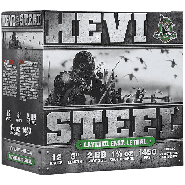 HEVI-Shot HS60288 HEVI-Steel Waterfowl 12 Gauge 3" 1 3/8oz 2/BBShot 25 Per Box HEVI-Shot HS60288 HEVI-Steel Waterfowl 12 Gauge 3" 1 3/8oz 2/BBShot 25 Per Box