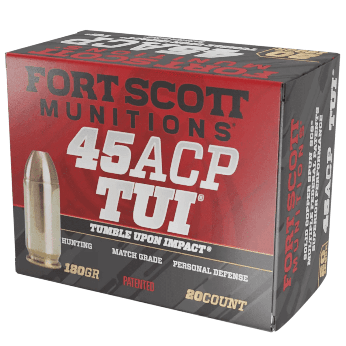 Fort Scott Munitions Tumble Upon Impact (TUI), 45 ACP 20 Per Box/25 Case - 450180SCV Fort Scott Munitions Tumble Upon Impact (TUI), 45 ACP 20 Per Box/25 Case - 450180SCV