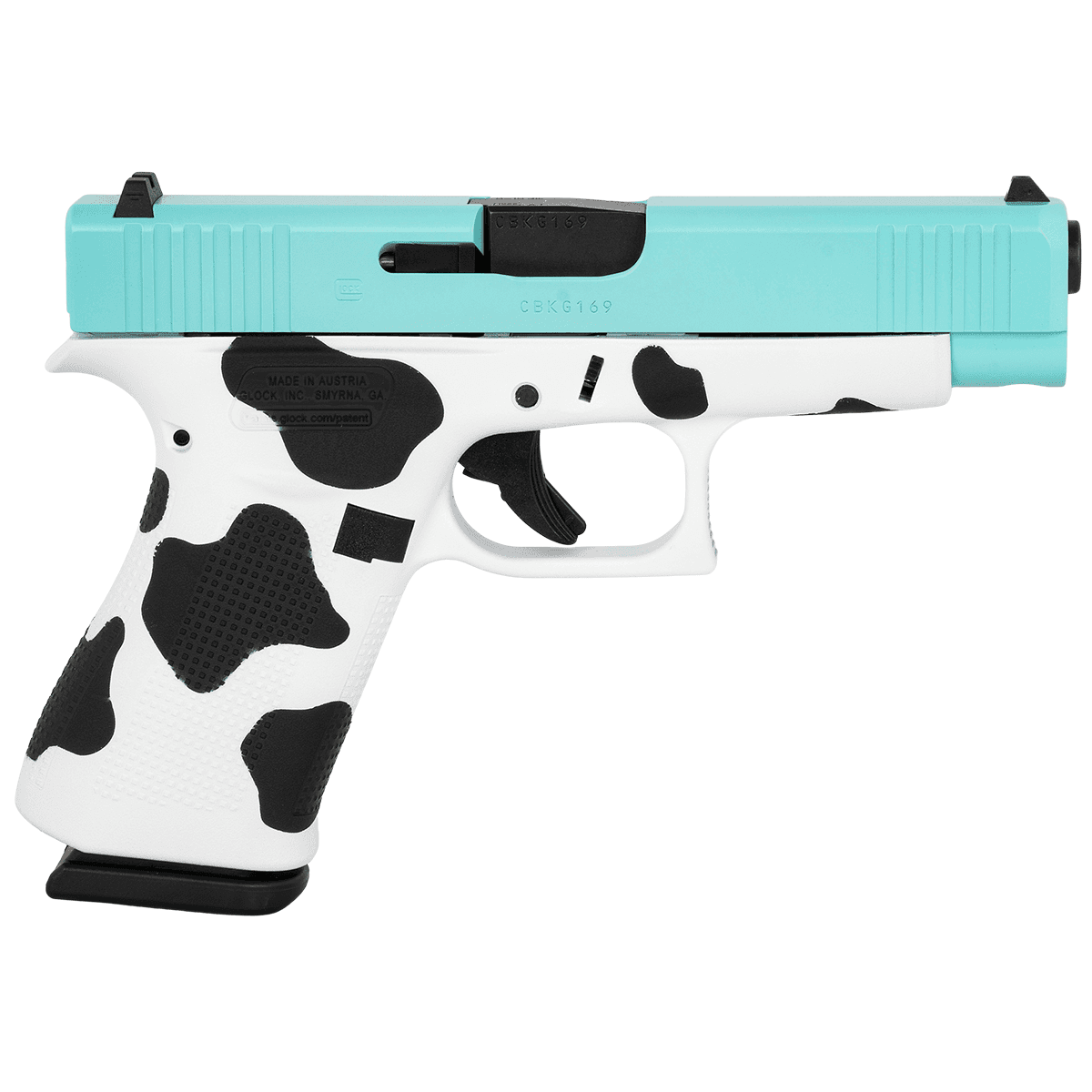 Glock G48 Gen5 Pistol, Cow Print/Robins Egg Blue 4.17" Barrel 10+1rd 9mm Luger - PA4850201-TBMOO Glock G48 Gen5 Pistol, Cow Print/Robins Egg Blue 4.17" Barrel 10+1rd 9mm Luger - PA4850201-TBMOO