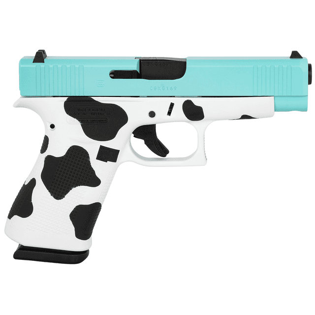 Glock G48 Gen5 Pistol, Cow Print/Robins Egg Blue 4.17" Barrel 10+1rd 9mm Luger - PA4850201-TBMOO Glock G48 Gen5 Pistol, Cow Print/Robins Egg Blue 4.17" Barrel 10+1rd 9mm Luger - PA4850201-TBMOO