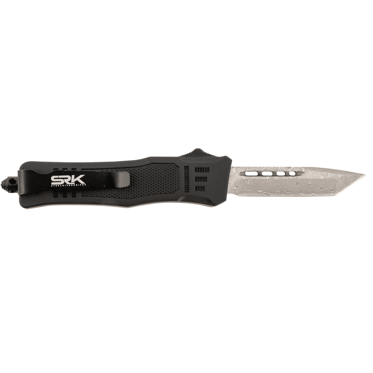 Steel River Knives Spartan Knife, Mini 2.75" OTF Tanto Plain Real Damascus/4.25" Black Aluminum Zinc Alloy Handle - MT616BRDAMT Steel River Knives Spartan Knife, Mini 2.75" OTF Tanto Plain Real Damascus/4.25" Black Aluminum Zinc Alloy Handle - MT616BRDAMT