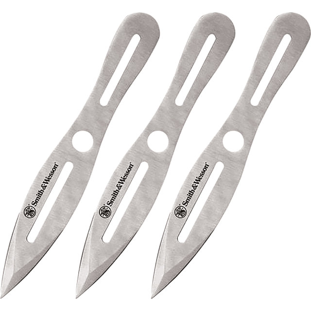 Smith & Wesson Bullseye Throwing Knives, 5" Fixed Dual Edge Spear Point Plain 2Cr13MoV SS Blade Stainless Steel Handle Includes Sheath Set of 3 - SWTK10CP Smith & Wesson Bullseye Throwing Knives, 5" Fixed Dual Edge Spear Point Plain 2Cr13MoV SS Blade Stainless Steel Handle Includes Sheath Set of 3 - SWTK10CP