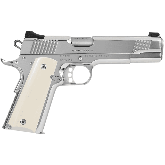 Kimber 3200397 High Polished 38 Super 9+1 5" Front Serrations Stainless Steel Slide High Polished Bonded Smooth Ivory Grip Kimber 3200397 High Polished 38 Super 9+1 5" Front Serrations Stainless Steel Slide High Polished Bonded Smooth Ivory Grip