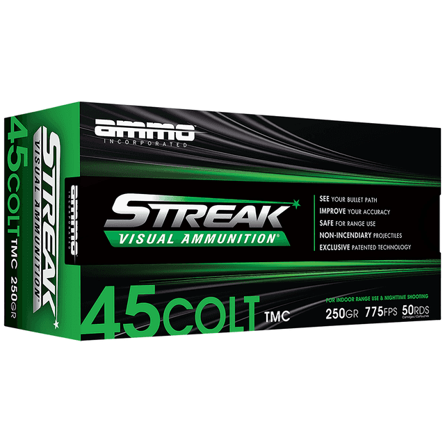 Ammo Inc 45C250TMCSTRKGRN50 Streak Visual (GREEN) 45Colt 250gr Total Metal Case 50 Per Box Ammo Inc 45C250TMCSTRKGRN50 Streak Visual (GREEN) 45Colt 250gr Total Metal Case 50 Per Box