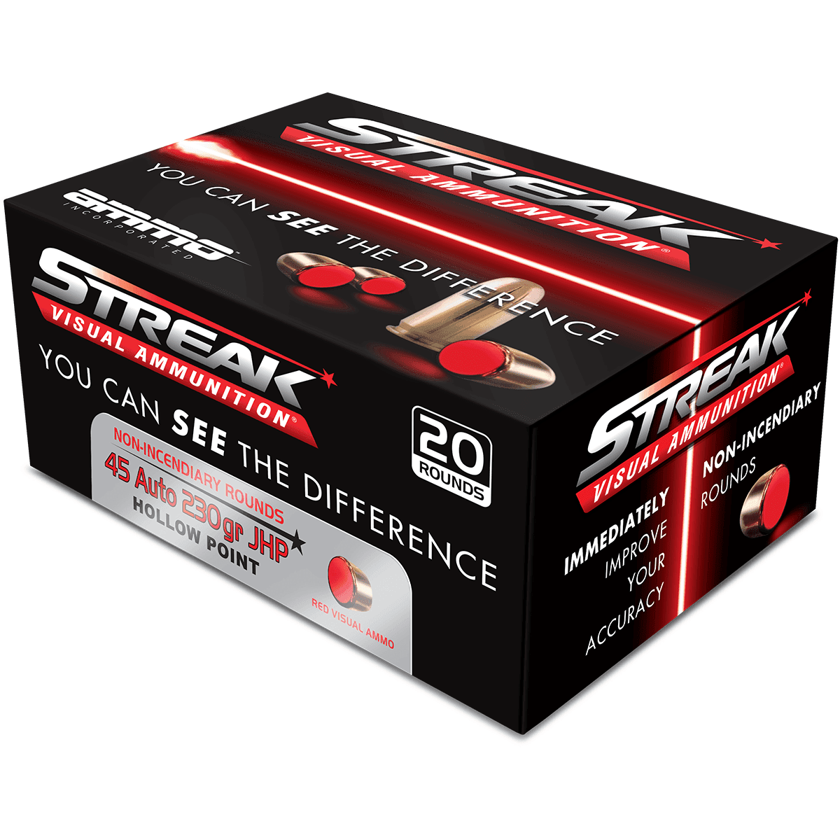 Ammo Inc 45230JHPSTRKRED Streak Visual (RED) 45ACP 230gr Jacketed Hollow Point 20 Per Box Ammo Inc 45230JHPSTRKRED Streak Visual (RED) 45ACP 230gr Jacketed Hollow Point 20 Per Box