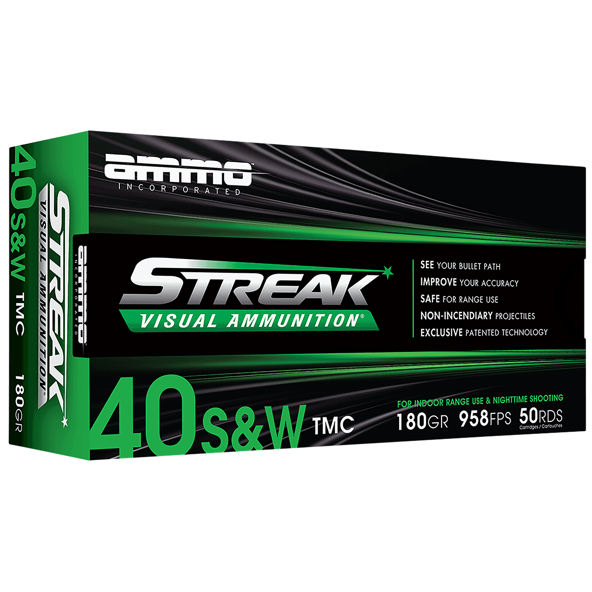 Ammo Inc 40180TMCSTRKGRN50 Streak Visual (GREEN) 40S&W 180gr Total Metal Case 50 Per Box Ammo Inc 40180TMCSTRKGRN50 Streak Visual (GREEN) 40S&W 180gr Total Metal Case 50 Per Box