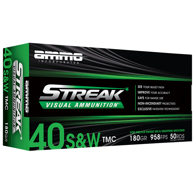 Ammo Inc 40180TMCSTRKGRN50 Streak Visual (GREEN) 40S&W 180gr Total Metal Case 50 Per Box Ammo Inc 40180TMCSTRKGRN50 Streak Visual (GREEN) 40S&W 180gr Total Metal Case 50 Per Box