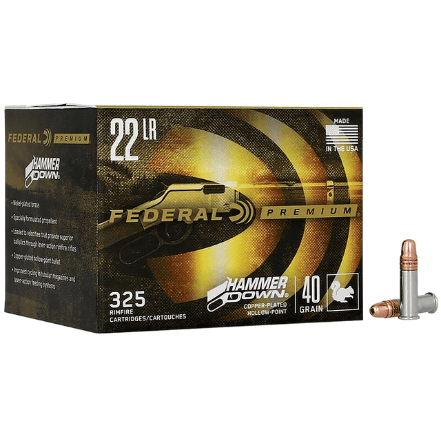 Federal 22HAM Hammer Down Rimfire 22LR 40gr Copper Plated Hollow Point 325 Per Box Federal 22HAM Hammer Down Rimfire 22LR 40gr Copper Plated Hollow Point 325 Per Box