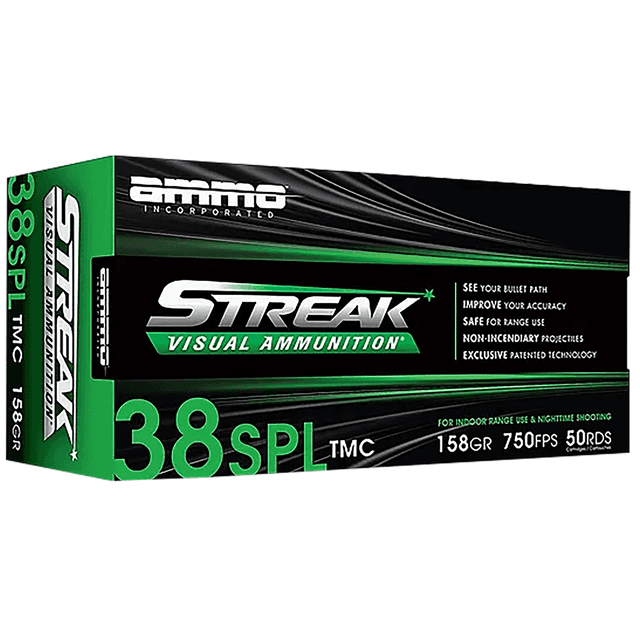 Ammo Inc 38158TMCSTRKGRN50 Streak Visual (GREEN) 38Special 158gr Total Metal Case 50 Per Box Ammo Inc 38158TMCSTRKGRN50 Streak Visual (GREEN) 38Special 158gr Total Metal Case 50 Per Box