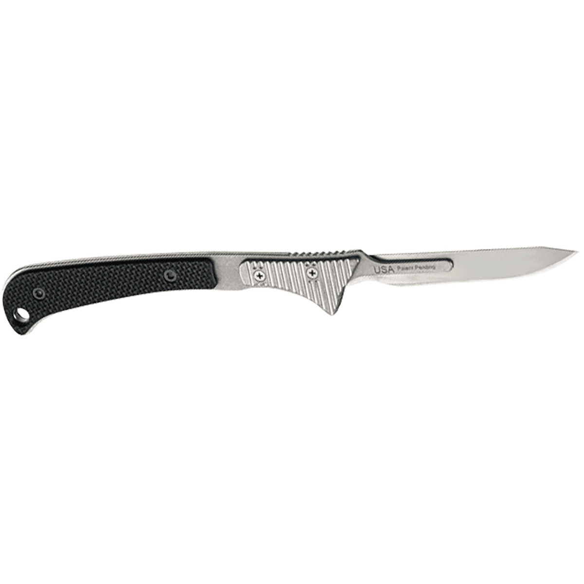 Hogue Expel Fixed Blade Knife, 2.50" High Carbon Steel Blade Black G10 Scales/SS Handle Includes 3 #60 & 2 #70 blades - 35876 Hogue Expel Fixed Blade Knife, 2.50" High Carbon Steel Blade Black G10 Scales/SS Handle Includes 3 #60 & 2 #70 blades - 35876