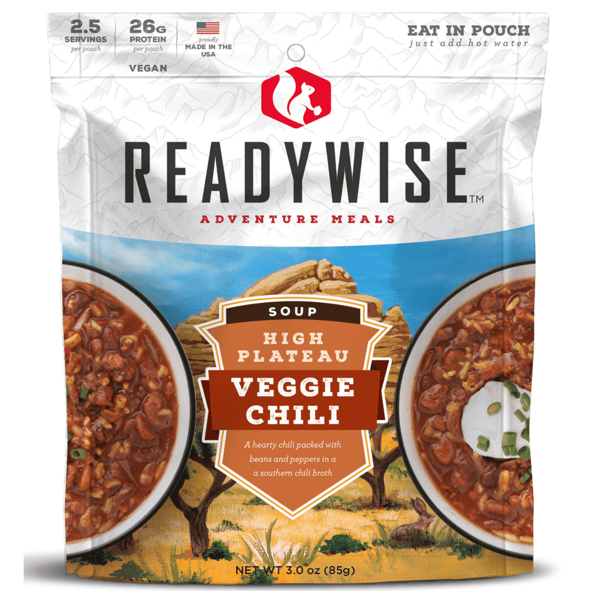 ReadyWise Outdoor Food Kit High Plateau Veggie Chili Soup, 2.5 Servings In A Resealable Pouch, 6 Per Case - RW05011 ReadyWise Outdoor Food Kit High Plateau Veggie Chili Soup, 2.5 Servings In A Resealable Pouch, 6 Per Case - RW05011