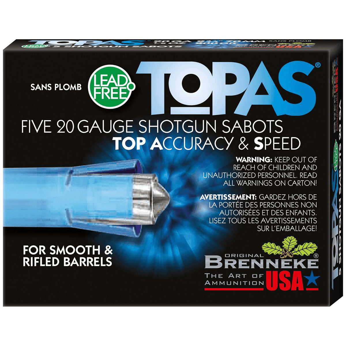 Brenneke SL202TOPN TOPAS 20 Gauge 2.75" 1/2oz Sabot Slug Shot 5 Per Box Brenneke SL202TOPN TOPAS 20 Gauge 2.75" 1/2oz Sabot Slug Shot 5 Per Box