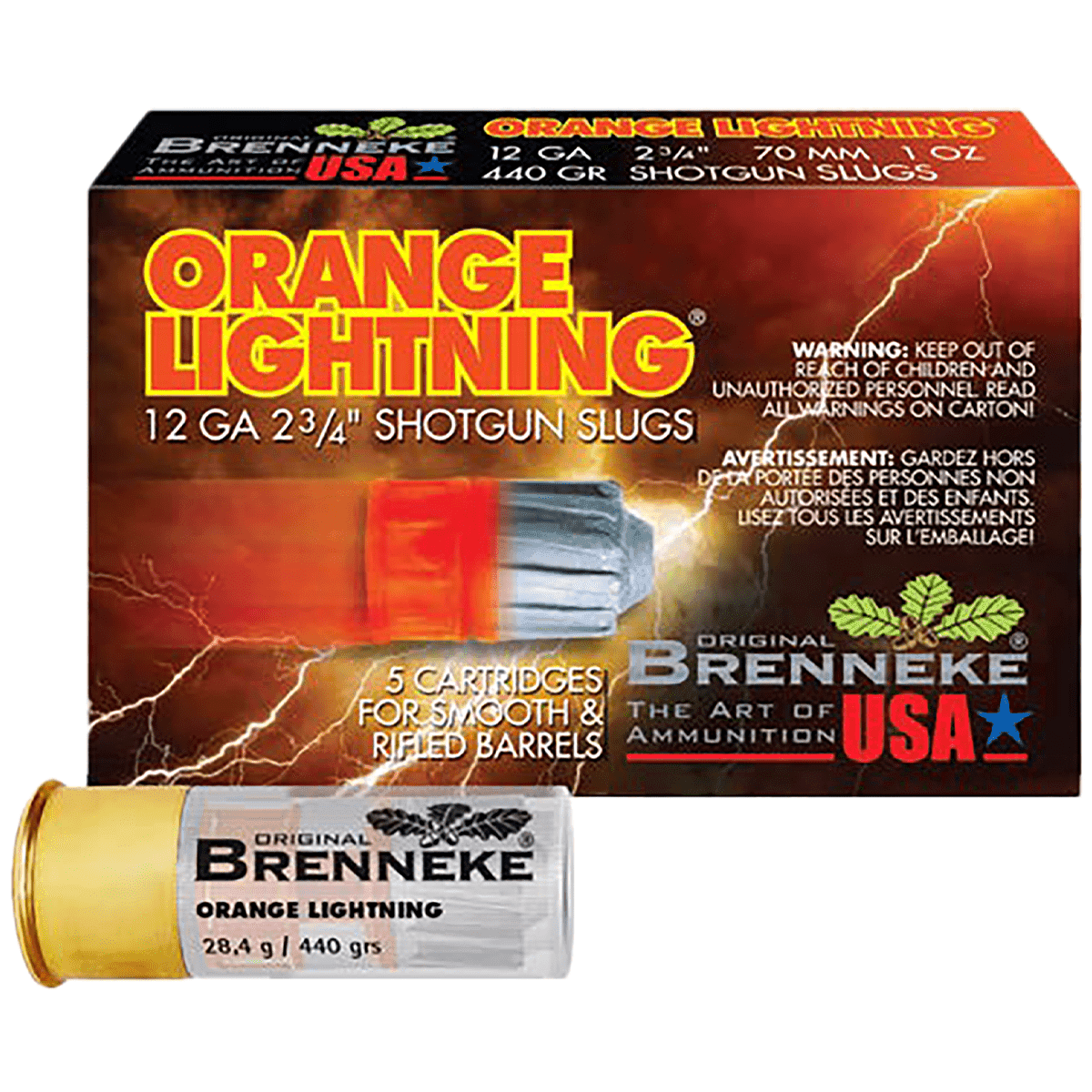 Brenneke SL122OL Orange Lightning 12 Gauge 2.75" 1oz Slug Shot 5 Per Box Brenneke SL122OL Orange Lightning 12 Gauge 2.75" 1oz Slug Shot 5 Per Box