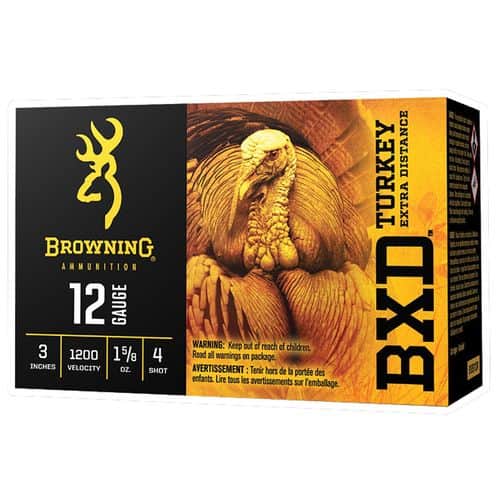 Browning BXD Turkey 12 Gauge Ammunition 10 Rounds 3" #4 Shot 1-5/8oz 1200 fps Browning BXD Turkey 12 Gauge Ammunition 10 Rounds 3" #4 Shot 1-5/8oz 1200 fps