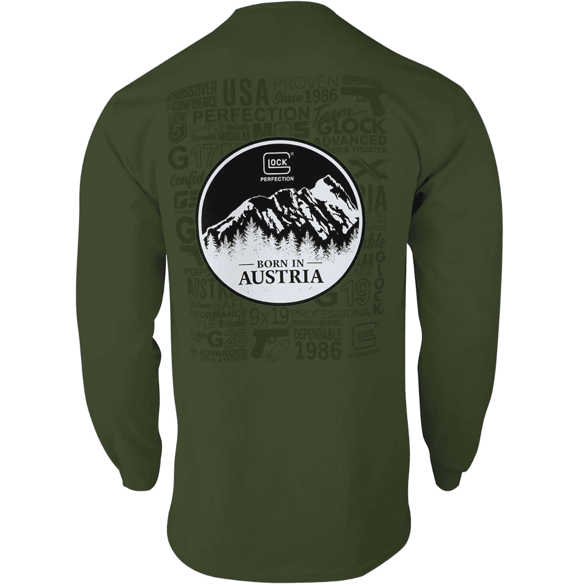 Glock Born In Austria Long Sleeve Shirt, Military Green Pre-Shrunk Cotton Small - AP96065 Glock Born In Austria Long Sleeve Shirt, Military Green Pre-Shrunk Cotton Small - AP96065