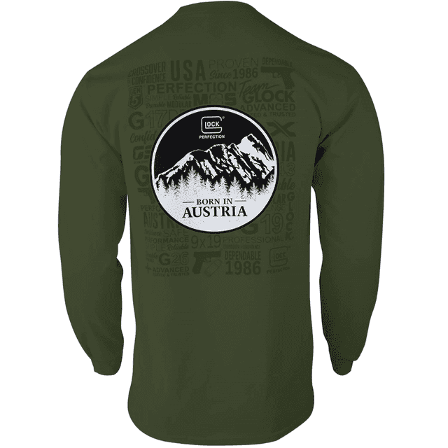 Glock Born In Austria Long Sleeve Shirt, Military Green Pre-Shrunk Cotton Small - AP96065 Glock Born In Austria Long Sleeve Shirt, Military Green Pre-Shrunk Cotton Small - AP96065