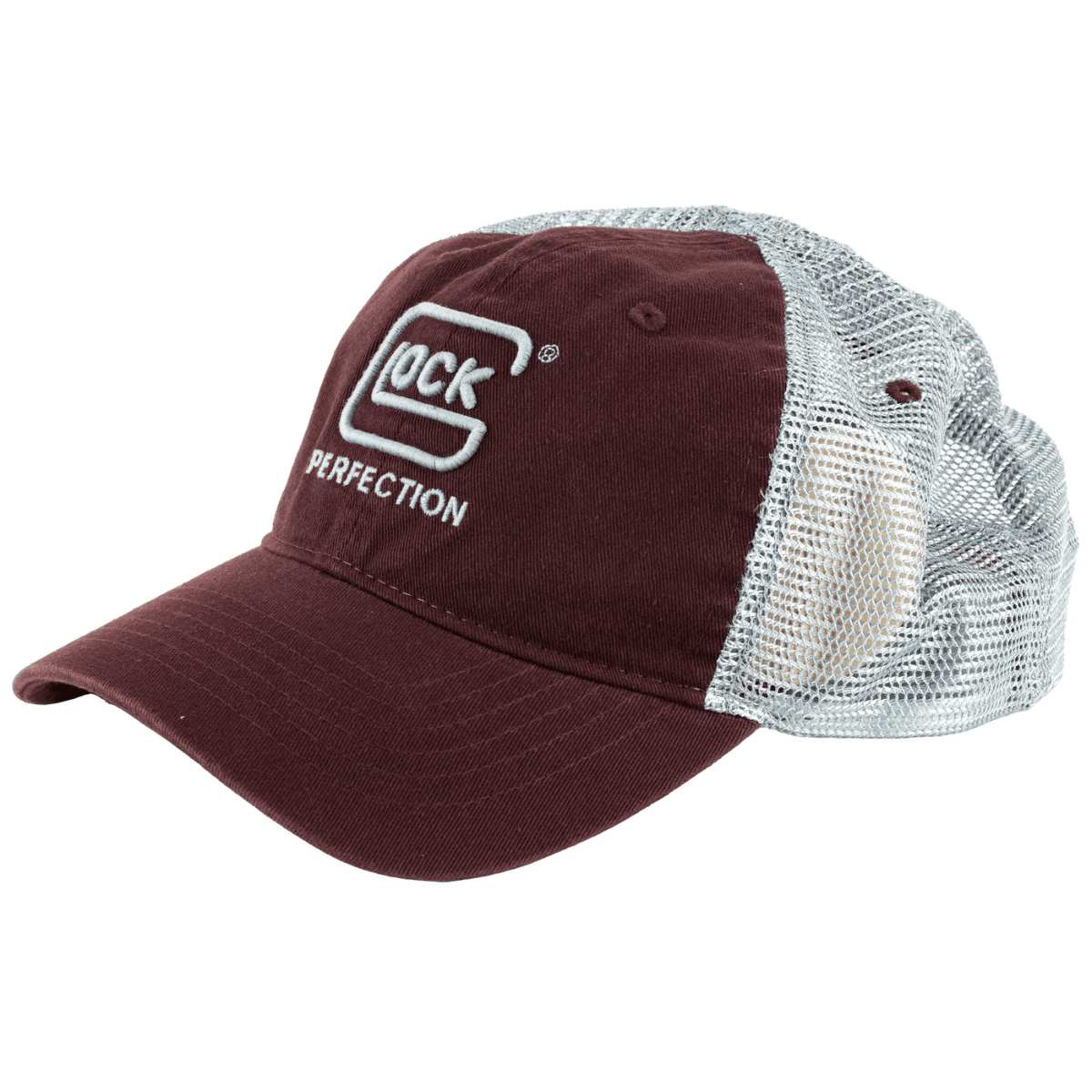 Glock Relaxed Maroon Mesh Hat, Distressed Denim-Like Fabric Front w/Mesh Back Unstructured Fit w/Snapback, Embroidered Glock Log - AP95881 Glock Relaxed Maroon Mesh Hat, Distressed Denim-Like Fabric Front w/Mesh Back Unstructured Fit w/Snapback, Embroidered Glock Log - AP95881