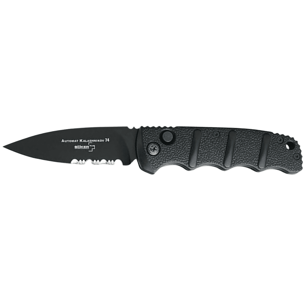 Boker Kalashnikov Knife, 3.35" Drop Point Plain/Serrated Black D2 Steel Blade Aluminum Handle - 01KALS100 Boker Kalashnikov Knife, 3.35" Drop Point Plain/Serrated Black D2 Steel Blade Aluminum Handle - 01KALS100