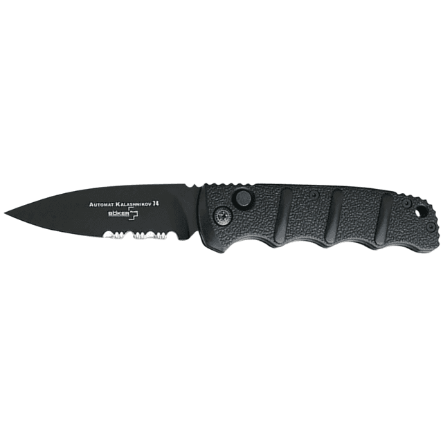 Boker Kalashnikov Knife, 3.35" Drop Point Plain/Serrated Black D2 Steel Blade Aluminum Handle - 01KALS100 Boker Kalashnikov Knife, 3.35" Drop Point Plain/Serrated Black D2 Steel Blade Aluminum Handle - 01KALS100