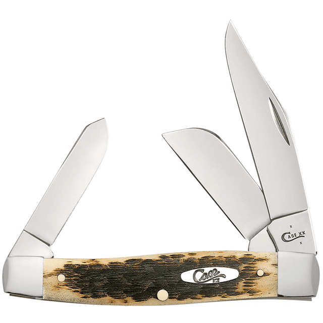 Case Stockman Knife, Large 3.30"/2.30"/2.20" Folding Clip Point/Pen/Sheepsfoot Plain Mirror Polished Carbon Steel Blade, Peach Seed Jigged Amber Bone Handle - 00204 Case Stockman Knife, Large 3.30"/2.30"/2.20" Folding Clip Point/Pen/Sheepsfoot Plain Mirror Polished Carbon Steel Blade, Peach Seed Jigged Amber Bone Handle - 00204