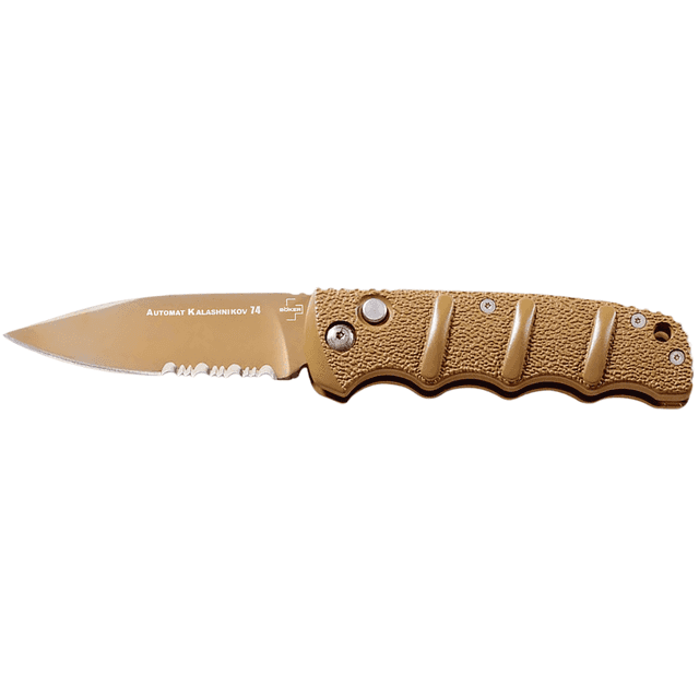 Boker Kalashnikov Knife, 3.35" Spear Point Plain/Serrated Desert D2 Steel Blade Aluminum Handle - 01KALS103 Boker Kalashnikov Knife, 3.35" Spear Point Plain/Serrated Desert D2 Steel Blade Aluminum Handle - 01KALS103