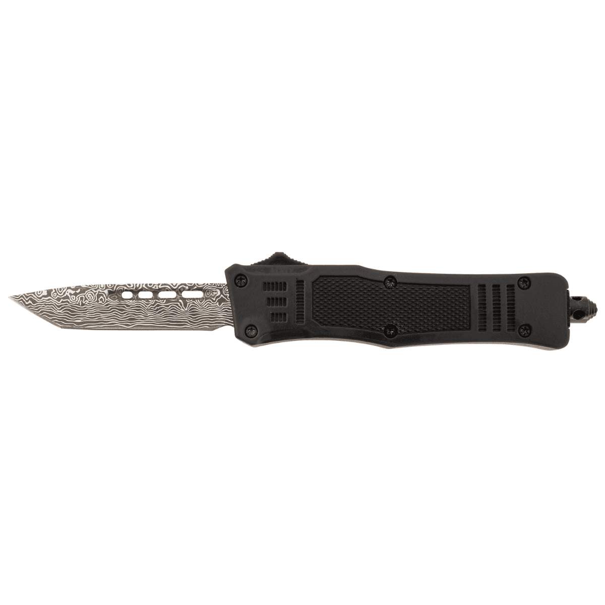 Steel River Knives Spartan Mini Knife, 2.75" OTF Tanto Plain Laser Etched Damascus 440C SS Blade/4.25" Black Aluminum Zinc Alloy Handle - MT616BDT Steel River Knives Spartan Mini Knife, 2.75" OTF Tanto Plain Laser Etched Damascus 440C SS Blade/4.25" Black Aluminum Zinc Alloy Handle - MT616BDT